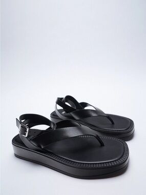 NWT Zara Black Leather Tied Flat Leather Sandals